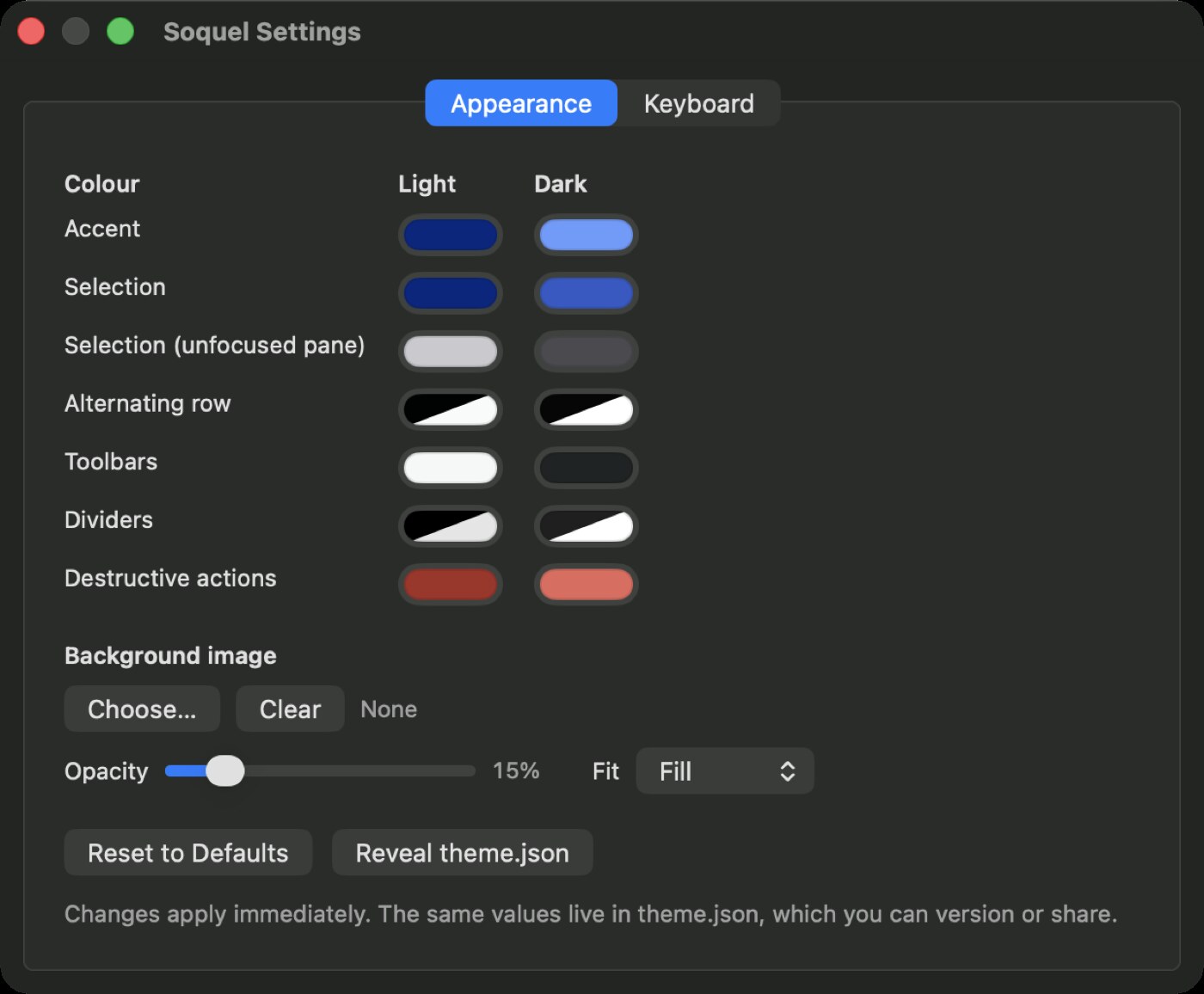 Settings window showing the colour slots